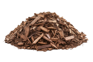 Pile of brown bark mulch for gardening isolated on transparent background