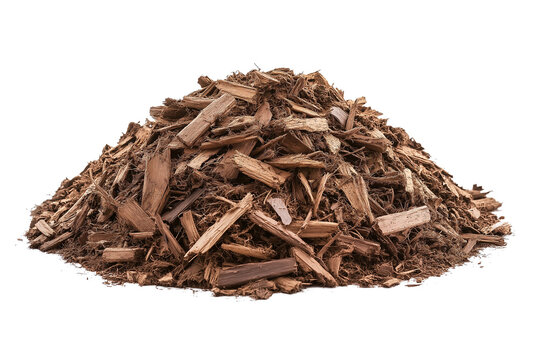 Pile of brown bark mulch for gardening isolated on transparent background