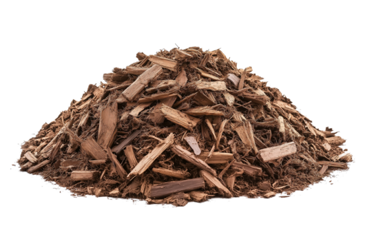 Pile of brown bark mulch for gardening isolated on transparent background