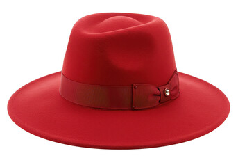 A crimson felt fedora with a matching ribbon bow, isolated on transparent background