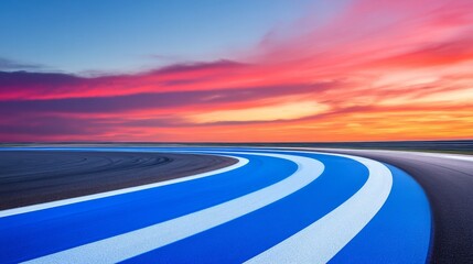Sunset Racetrack Curve Blue and White Stripes, Vibrant Sky, Asphalt Composition, Race Track, Motorsport Race Track, Motorsport