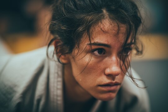 Woman grapples on the ground in an intense training session at a martial arts dojo during evening practice