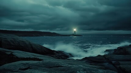 Obraz premium Dramatic Stormy Seascape with Beacon Lighthouse on Rocky Coast