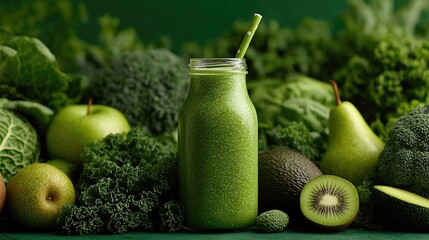 Healthy Green Smoothie Surrounded by Fresh Produce