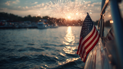 American flag waving from a boat on a lake as fireworks explode overhead.