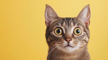 Obraz premium Surprised Tabby Cat on Yellow Background Close-Up Portrait, Pet Photography, Wide Eyes Pet photography, cat portrait