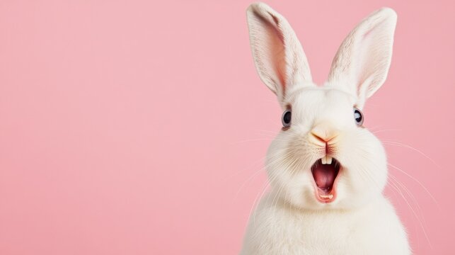 Surprised White Rabbit on Pink Background Close-up Portrait, Pastel Color Palette, Easter Bunny Concept, Animal Photography Easter Bunny, Rabbit Photography