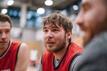 Man with hearing impairment engages with teammates during a basketball practice at a gym in the evening