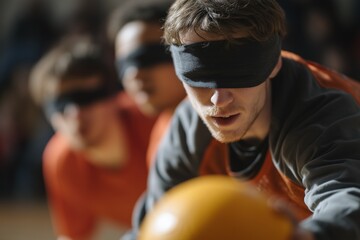 Man with visual impairment competes in a blindfolded game in a gymnasium with teammates during a vibrant sports event