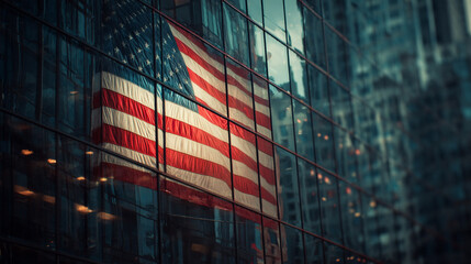 Fireworks reflecting on a glass building with a giant American flag displayed on the fa&ccedil;ade.