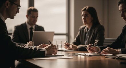 Man and women in formal attire at a business meeting, engaged in discussion and note-taking. Corporate training concept for financial planning.