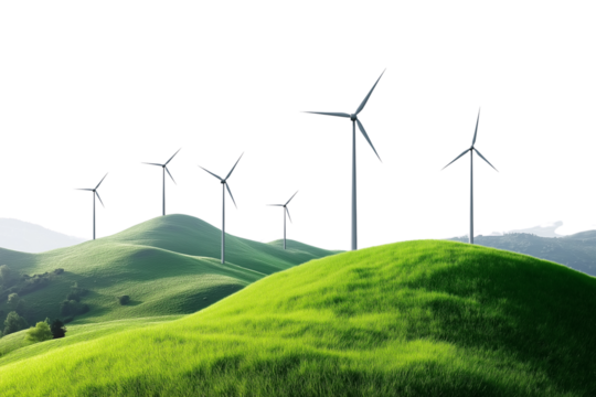 Renewable energy windmills on hilly landscape, isolated on transparent cutout background