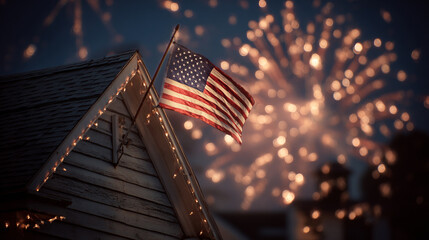 American flag on a house rooftop glowing under fireworks and starlight. 
