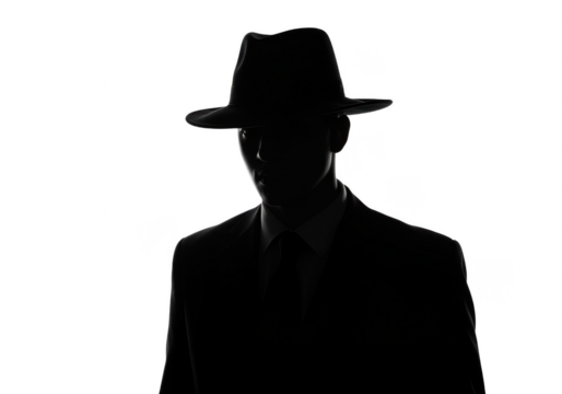 A shadowy figure in a fedora suit, isolated on transparent background