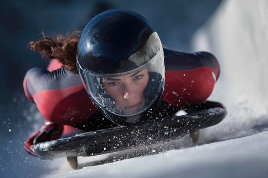 Woman competes on a skeleton sled at a winter sports event on an icy track
