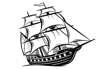 Detailed Black and White Illustration of a Majestic Sailing Ship at Sea Navigating the Open Waters with Grace and Power