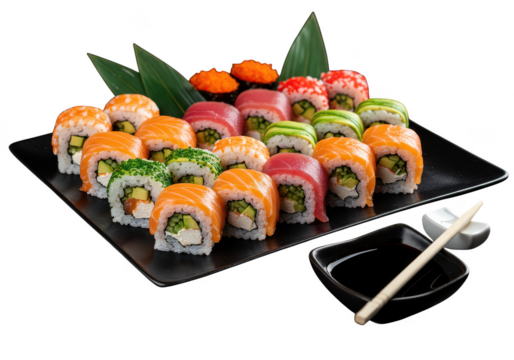 A vibrant array of sushi rolls, isolated on transparent background, includes salmon, tuna, and avocado varieties