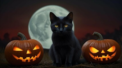 A demonic black cat with glowing red eyes sitting on a carved pumpkin under a full moon.