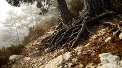 Fototapeta premium Gnarled Tree Roots on Rocky Ground in Foggy Forest Landscape