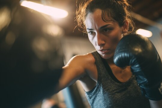 Strong woman lands a punch on the focus mitt during an intense gym training session in the evening - Powered by Adobe