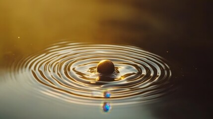 Golden Sphere Creating Ripples in Calm Water at Sunset Glow