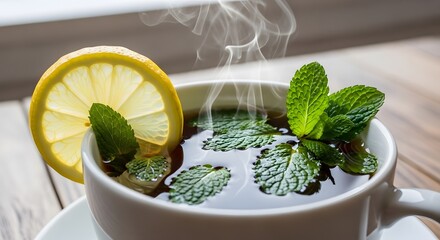 Refreshing mint tea with lemon slice for health and wellness herbal drink and beverage photography
