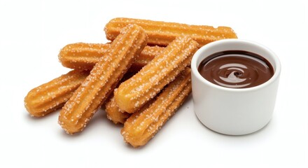 Photorealistic photo of churros with a small pot of chocolate sauce beside