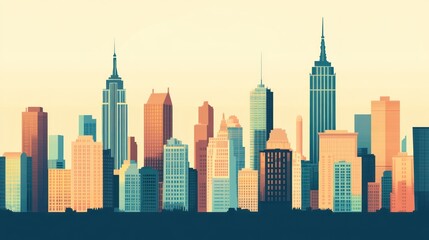 Fototapeta premium City skyline, pastel hues, flat style