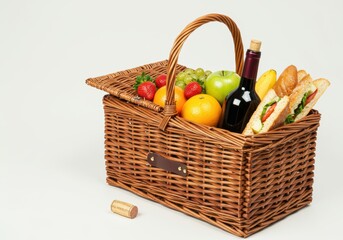 Celebrating national picnic month with a basket of fresh fruits and wine