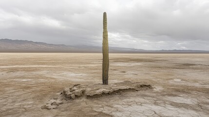 Majestic Cactus in Desolate Landscape Under Overcast Sky