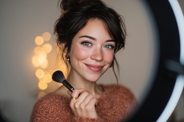 Beauty influencer smiling while holding a makeup brush near a mirror adorned with soft glowing lights in a cozy space