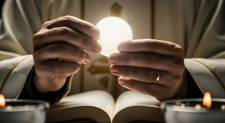 Catholic priest holding eucharist host during mass ceremony in church holy communion christian religion