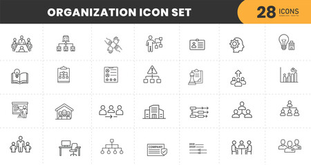  Organization management set of web icons in line style. Human resource linear icon collection. Containing business people, teamwork, structure, hierarchy, leadership and more. Editable stroke
