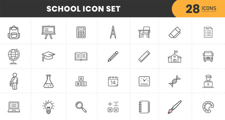  School - line vector icon set. Pixel perfect. Editable stroke. The set includes a School Building, Education, Teacher, Classroom, High School, University, Chalkboard, Diploma, Mortarboard.