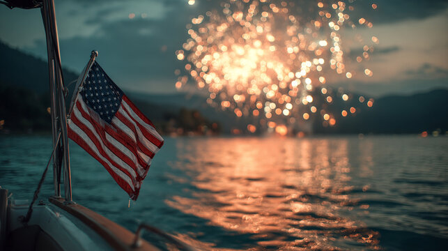 American flag waving from a boat on a lake as fireworks explode overhead.