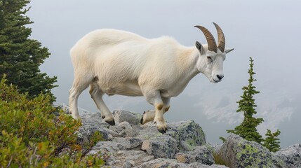 Obraz premium Majestic Mountain Goat Walking Through Rocky Terrain in Foggy Environment