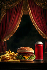 Hamburger, fries, and soda can take center stage under theatrical lighting on an opera stage, blending drama and indulgence in a unique stock photo concept.