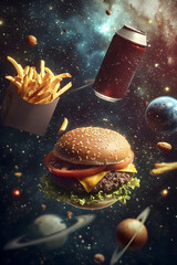 Delicious fast food-hamburger, fries, and soda can-drifting in zero gravity against a cosmic backdrop of glowing stars and nebulae, surreal space food concept, perfect for stock photography.
