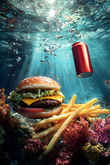 Delicious fast food trio-hamburger, fries, and soda can-floating underwater among vibrant coral reefs, illuminated by ocean light, surreal stock photography concept.