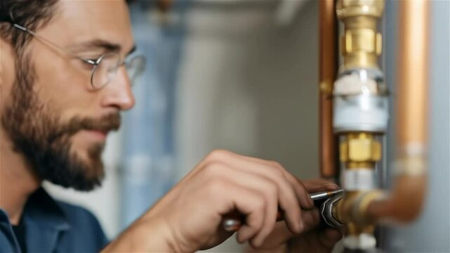Expert plumber working on pipe installation in a modern home workshop while sharing valuable tips and ideas for home maintenance in bright daylight