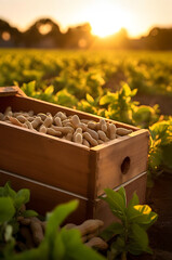 Peanuts harvested in a wooden box in a plantation with sunset. Natural organic fruit abundance. Agriculture, healthy and natural food concept. Vertical composition.