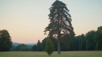 Majestic Pine Tree Standing Alone in Serene Landscape at Dusk