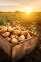 Potatoes harvested in a wooden box with field and sunset in the background. Natural organic fruit abundance. Agriculture, healthy and natural food concept. Vertical composition.