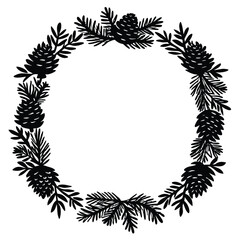 Elegant black and white christmas wreath decoration featuring pine cones and branches