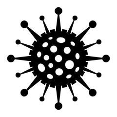 Black and white vector illustration of a coronavirus particle with spike proteins and the word 