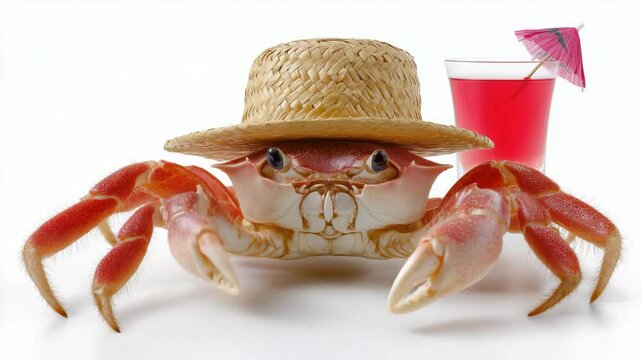 Strawhatted crab enjoys tropical drink with umbrella: a quirky beach vibe showcase