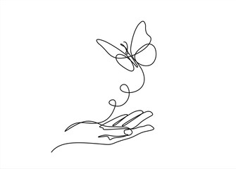 One continuous line drawing of hand holding butterfly. Beautiful flying moth for wellbeing beauty or spa salon logo in simple linear style. Hand drawn one line vector. Editable stroke	
