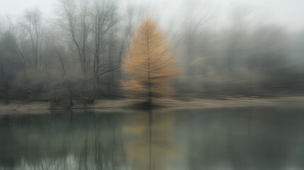 Fototapeta premium Misty Autumn Landscape with Yellow Tree by the Calm Lake