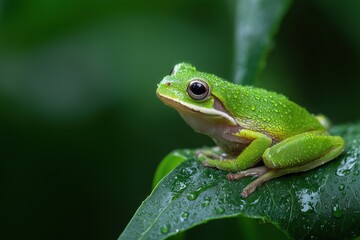Naklejka premium Close up view of a green frog resting on a wet leaf in a lush environment during a humid morning