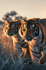 Tiger family in the savanna with setting sun shining. Group of wild animals in nature.